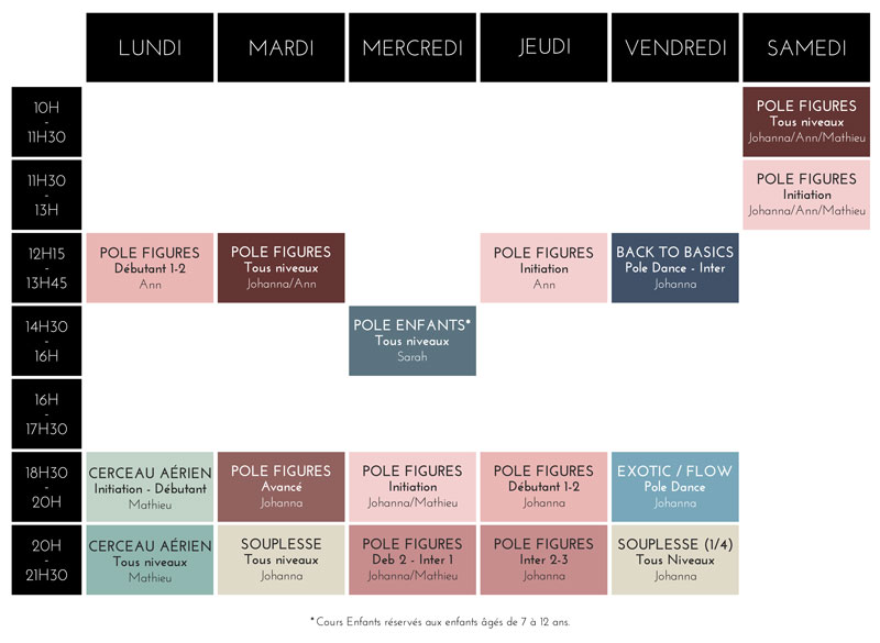 planning de cours de l'Envolée Pole Dance Studio